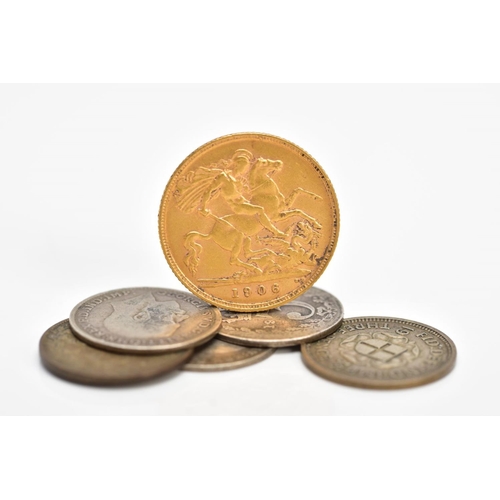 209 - A BOX CONTAINING WORLD COINAGE to include a Edward VII gold half sovereign 1906, together with Hong ... 