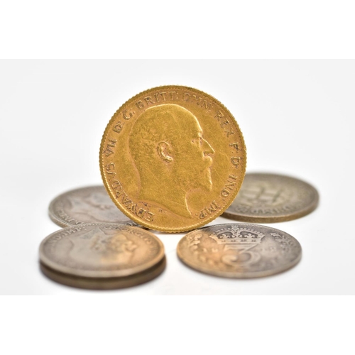 209 - A BOX CONTAINING WORLD COINAGE to include a Edward VII gold half sovereign 1906, together with Hong ... 