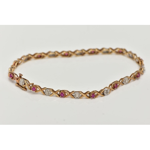 21 - A 9CT GOLD RUBY AND DIAMOND LINE BRACELET, set with circular cut rubies, interspaced with illusion s... 