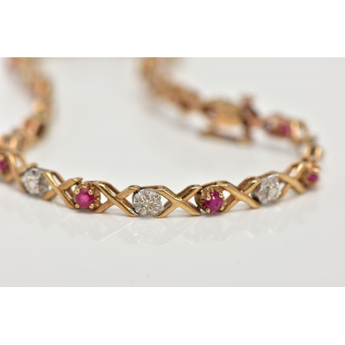 21 - A 9CT GOLD RUBY AND DIAMOND LINE BRACELET, set with circular cut rubies, interspaced with illusion s... 