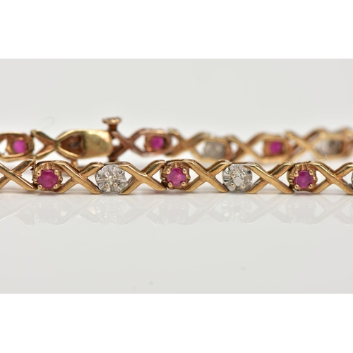 21 - A 9CT GOLD RUBY AND DIAMOND LINE BRACELET, set with circular cut rubies, interspaced with illusion s... 