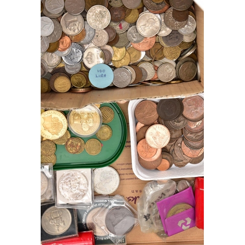 215 - A BOX AND TWO ALBUMS OF MIXED COINAGE OF THE WORLD