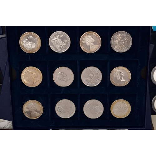 225 - FIVE BOXES OF UK COINAGE to include silver proofs of Great Britain, Brunel, Churchill, Darwin, Eliza... 