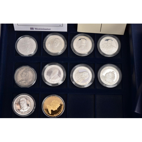 225 - FIVE BOXES OF UK COINAGE to include silver proofs of Great Britain, Brunel, Churchill, Darwin, Eliza... 