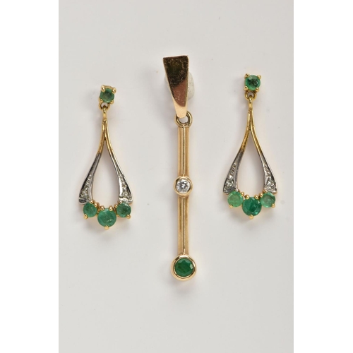 26 - A PAIR OF 9CT GOLD EMERALD AND DIAMOND EARRINGS AND PENDANT, each earring of an openwork tear drop f... 