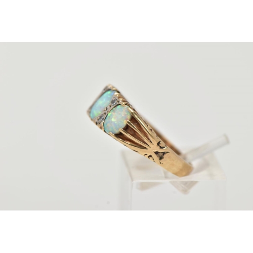 29 - A 9CT GOLD RING, designed with three synthetic oval cabochon opals, interspaced with circular cut co... 