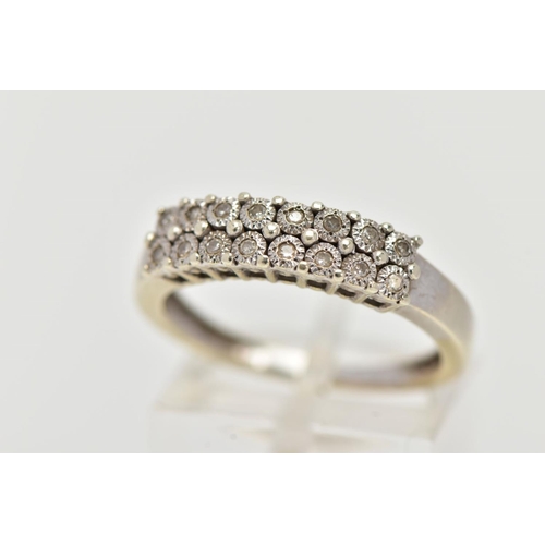 30 - A 9CT WHITE GOLD HALF HOOP DIAMOND RING, designed with two rows of illusion set, single cut diamonds... 