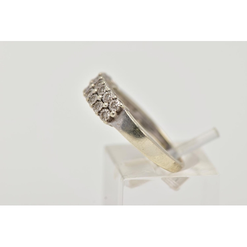 30 - A 9CT WHITE GOLD HALF HOOP DIAMOND RING, designed with two rows of illusion set, single cut diamonds... 