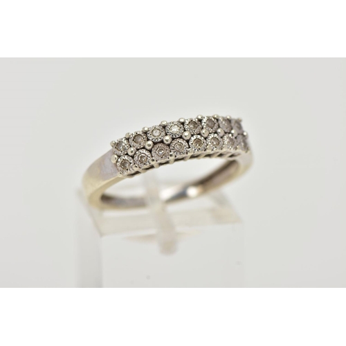 30 - A 9CT WHITE GOLD HALF HOOP DIAMOND RING, designed with two rows of illusion set, single cut diamonds... 