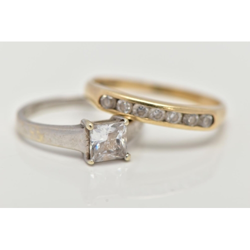 31 - TWO 9CT GOLD RINGS, to include a yellow gold half hoop ring set with a row of circular cut colourles... 