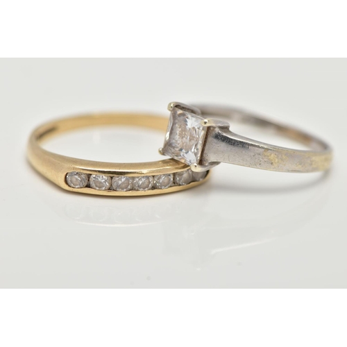 31 - TWO 9CT GOLD RINGS, to include a yellow gold half hoop ring set with a row of circular cut colourles... 