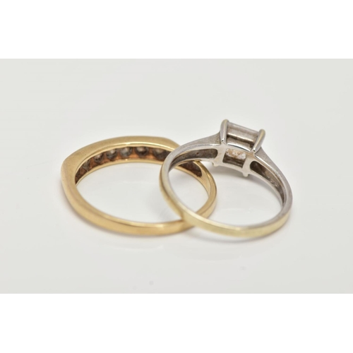 31 - TWO 9CT GOLD RINGS, to include a yellow gold half hoop ring set with a row of circular cut colourles... 