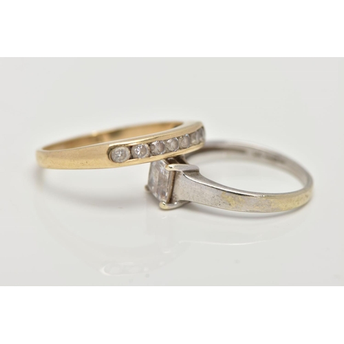 31 - TWO 9CT GOLD RINGS, to include a yellow gold half hoop ring set with a row of circular cut colourles... 