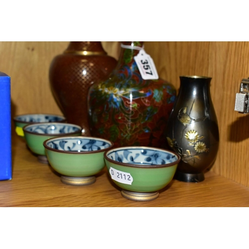 357 - A SMALL GROUP OF MODERN ORIENTAL CLOISONNE, CERAMICS, ETC, including a Cloisonne baluster vase with ... 