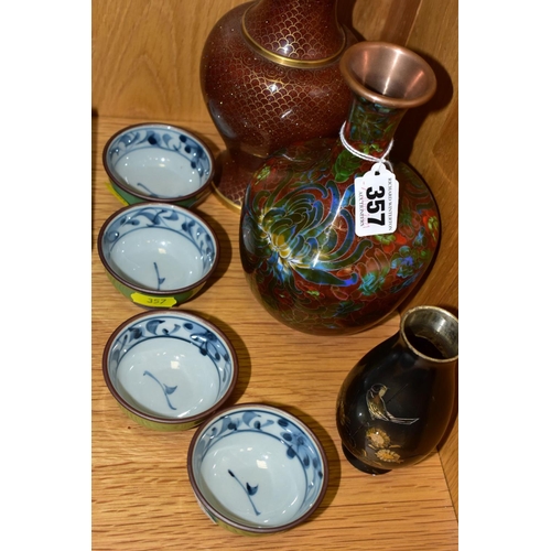 357 - A SMALL GROUP OF MODERN ORIENTAL CLOISONNE, CERAMICS, ETC, including a Cloisonne baluster vase with ... 