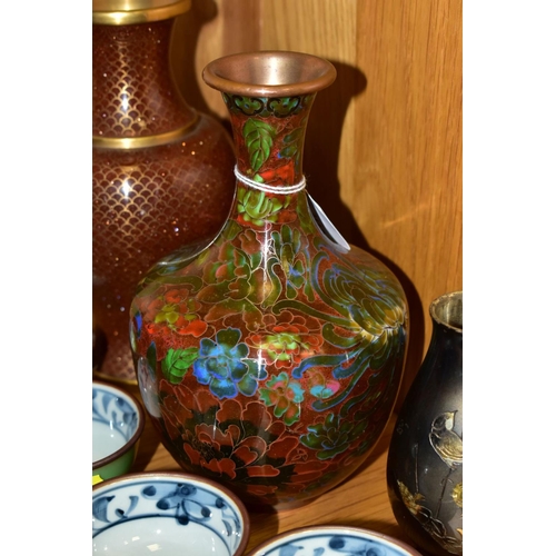 357 - A SMALL GROUP OF MODERN ORIENTAL CLOISONNE, CERAMICS, ETC, including a Cloisonne baluster vase with ... 