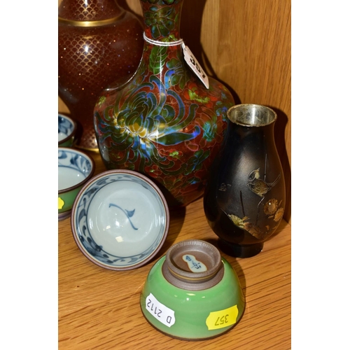 357 - A SMALL GROUP OF MODERN ORIENTAL CLOISONNE, CERAMICS, ETC, including a Cloisonne baluster vase with ... 