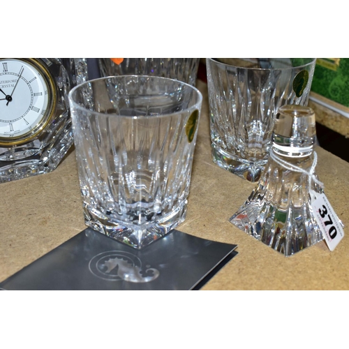 370 - A BOXED WATERFORD CRYSTAL 'CLARION' DECANTER AND STOPPER WITH MATCHING PAIR OF TUMBLERS, height of d... 