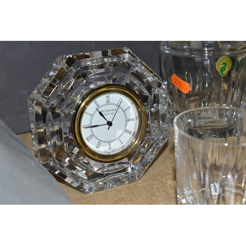 370 - A BOXED WATERFORD CRYSTAL 'CLARION' DECANTER AND STOPPER WITH MATCHING PAIR OF TUMBLERS, height of d... 