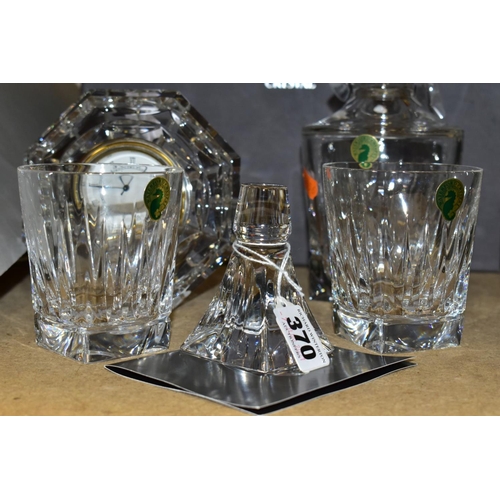 370 - A BOXED WATERFORD CRYSTAL 'CLARION' DECANTER AND STOPPER WITH MATCHING PAIR OF TUMBLERS, height of d... 