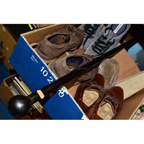 373 - A BOX OF GENT'S SHOES, AFRICAN WALKING CANE, ETC, comprising a Nybro of Sweden intaglio glass paperw... 