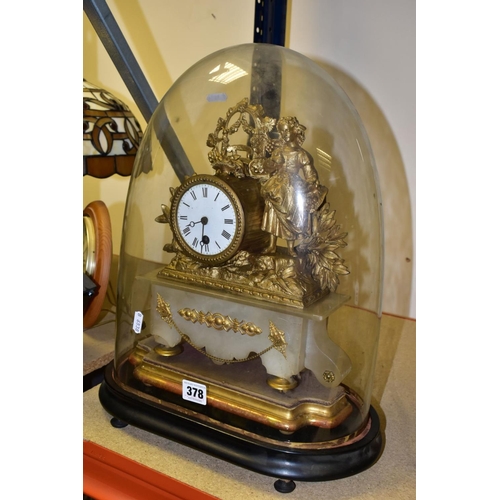 378 - A MID VICTORIAN GILT METAL AND ALABASTER FIGURAL MANTEL CLOCK UNDER GLASS DOME, enamel dial with Rom... 