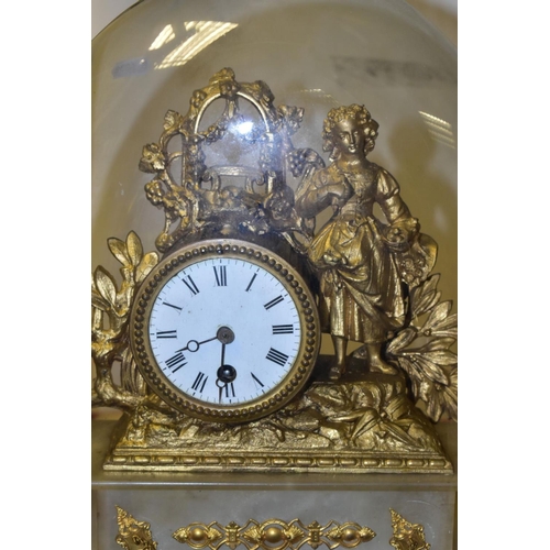 378 - A MID VICTORIAN GILT METAL AND ALABASTER FIGURAL MANTEL CLOCK UNDER GLASS DOME, enamel dial with Rom... 