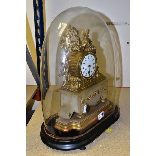 378 - A MID VICTORIAN GILT METAL AND ALABASTER FIGURAL MANTEL CLOCK UNDER GLASS DOME, enamel dial with Rom... 