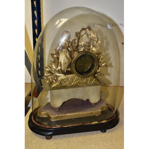 378 - A MID VICTORIAN GILT METAL AND ALABASTER FIGURAL MANTEL CLOCK UNDER GLASS DOME, enamel dial with Rom... 