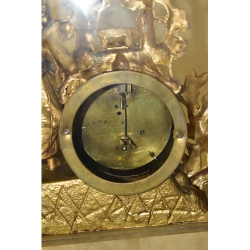 378 - A MID VICTORIAN GILT METAL AND ALABASTER FIGURAL MANTEL CLOCK UNDER GLASS DOME, enamel dial with Rom... 