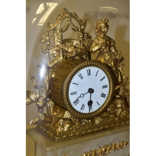 378 - A MID VICTORIAN GILT METAL AND ALABASTER FIGURAL MANTEL CLOCK UNDER GLASS DOME, enamel dial with Rom... 