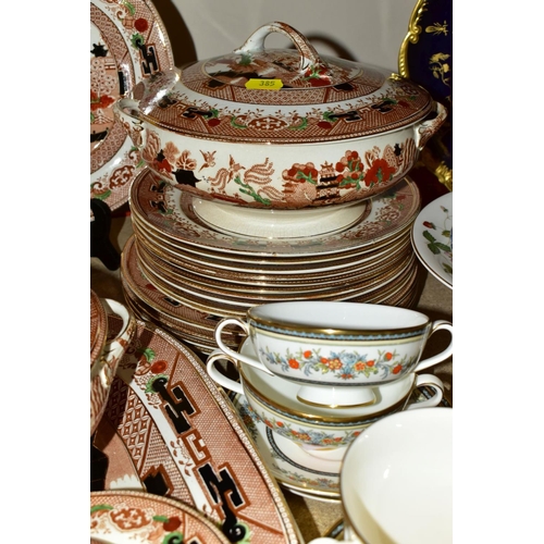 385 - A QUANTITY OF CERAMICS, DINNERWARES, ETC, including a chintz two tier cake stand, a set of six Minto... 