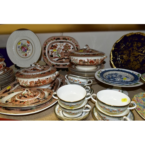 385 - A QUANTITY OF CERAMICS, DINNERWARES, ETC, including a chintz two tier cake stand, a set of six Minto... 