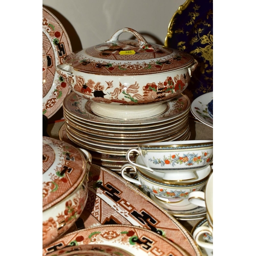 385 - A QUANTITY OF CERAMICS, DINNERWARES, ETC, including a chintz two tier cake stand, a set of six Minto... 