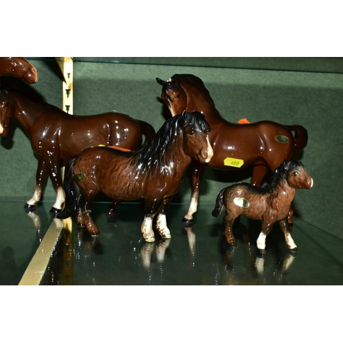 400 - SEVEN BESWICK BROWN HORSES/FOAL, comprising Bois Roussel Racehorse No 701, 2nd version (leg loose an... 