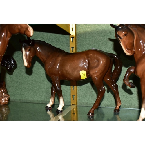 400 - SEVEN BESWICK BROWN HORSES/FOAL, comprising Bois Roussel Racehorse No 701, 2nd version (leg loose an... 