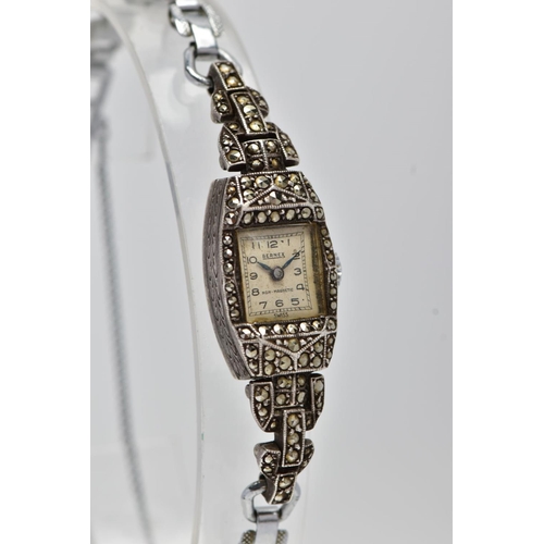 41 - A LADIES WHITE METAL MARCASITE COCKTAIL WRISTWATCH, hand wound movement, square dial signed 'Bernex ... 