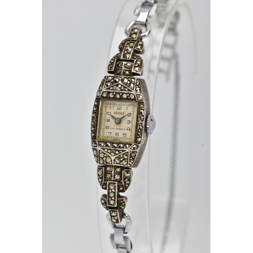 41 - A LADIES WHITE METAL MARCASITE COCKTAIL WRISTWATCH, hand wound movement, square dial signed 'Bernex ... 