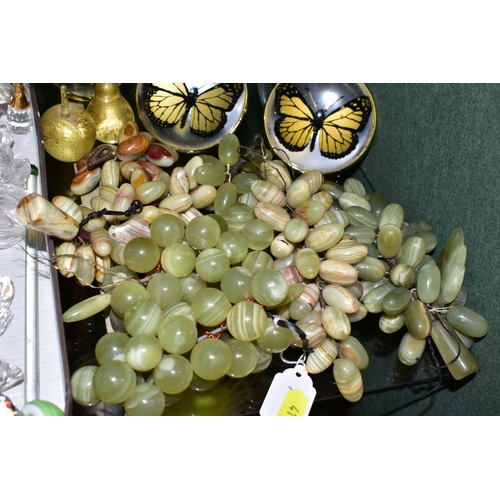 411 - A BOX AND LOOSE MINIATURE GLASS ORNAMENTS, ONYX BUNCHES OF GRAPES, etc, including Swarovski Paradise... 