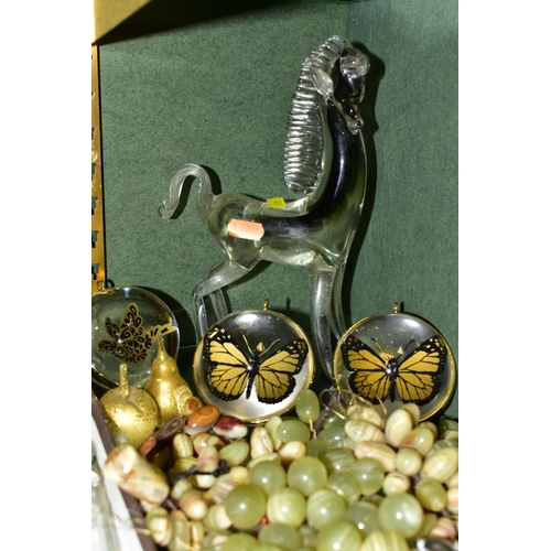 411 - A BOX AND LOOSE MINIATURE GLASS ORNAMENTS, ONYX BUNCHES OF GRAPES, etc, including Swarovski Paradise... 