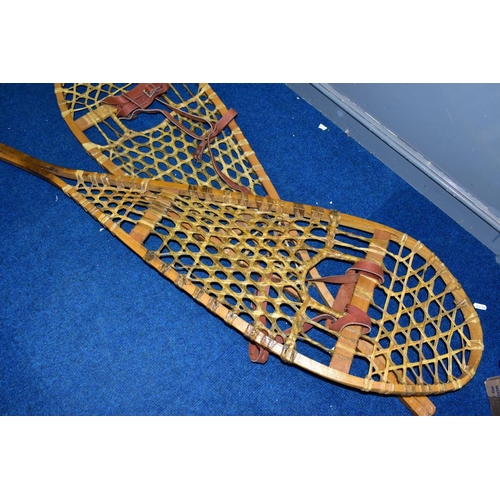 414 - A PAIR OF LATE 20TH CENTURY BENTWOOD AND GUT STRUNG SNOWSHOES, with tan leather straps, length 121cm