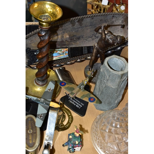 415 - A BOX AND LOOSE OF TABLE LAMPS, CANDLESTICKS, BHS WALL CLOCK, COLLECTABLES, etc, including a 'The Fr... 