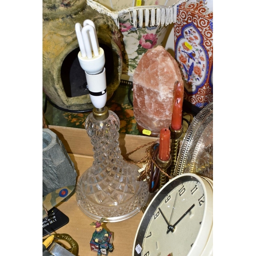 415 - A BOX AND LOOSE OF TABLE LAMPS, CANDLESTICKS, BHS WALL CLOCK, COLLECTABLES, etc, including a 'The Fr... 