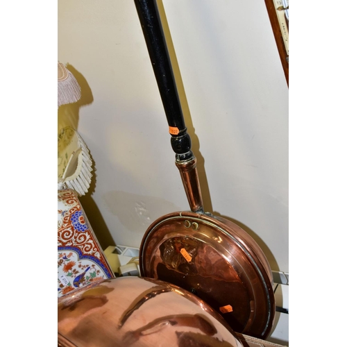 416 - A BOX AND LOOSE OF COPPER AND BRASS, including a 19th Century copper warming pan on a turned wooden ... 