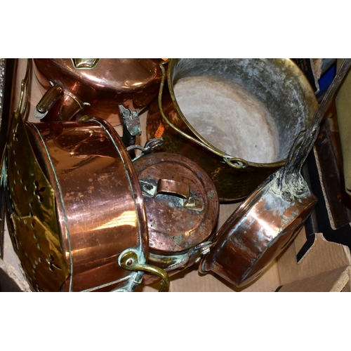 416 - A BOX AND LOOSE OF COPPER AND BRASS, including a 19th Century copper warming pan on a turned wooden ... 