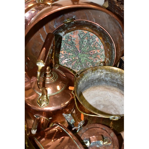 416 - A BOX AND LOOSE OF COPPER AND BRASS, including a 19th Century copper warming pan on a turned wooden ... 