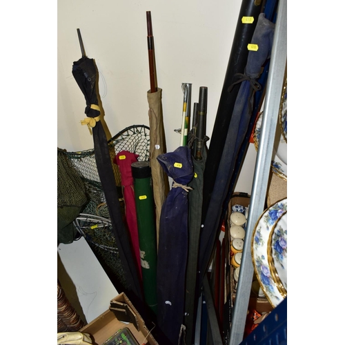 418 - A QUANTITY OF FISHING EQUIPMENT, including line, floats, flies, folding stool, a wicker fishing bask... 