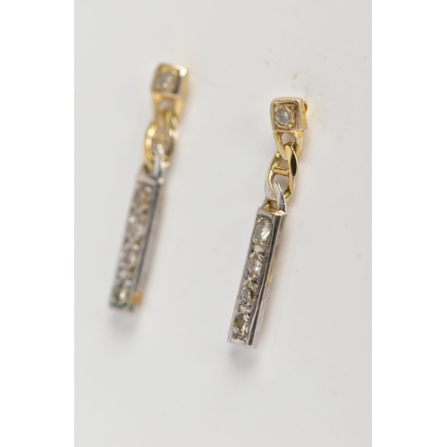 42 - A PAIR OF GOLD PLATED DIAMOND DROP EARRINGS, each earring suspending a bar drop set with single cut ... 