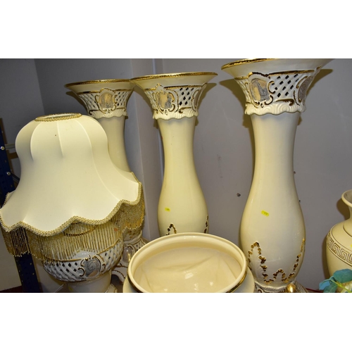 420 - A QUANTITY OF MODERN ITALIAN CREAM AND GILT POTTERY JARDINIERE STANDS, JARDINIERES, etc, top include... 