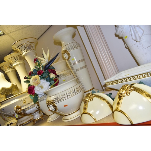 420 - A QUANTITY OF MODERN ITALIAN CREAM AND GILT POTTERY JARDINIERE STANDS, JARDINIERES, etc, top include... 